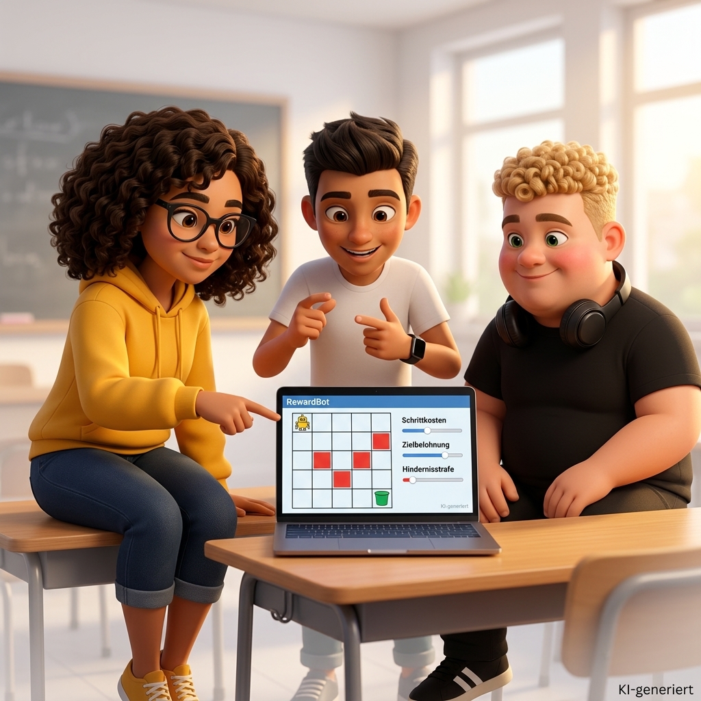 Szenen-Eindruck: Jasmin, Luka und Noah im Klassenzimmer mit Robi